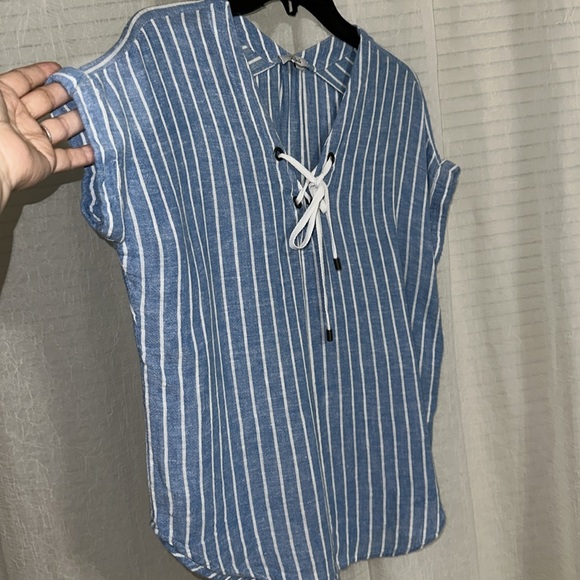 Rails XS Jeri Blue White St. Germain Stripe Short Sleeve Linen Blend Lace up Top - Picture 8 of 12
